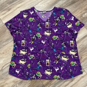 Disney Women Scrub Top 2XL Purple Graphic Nightmare Before Christmas The